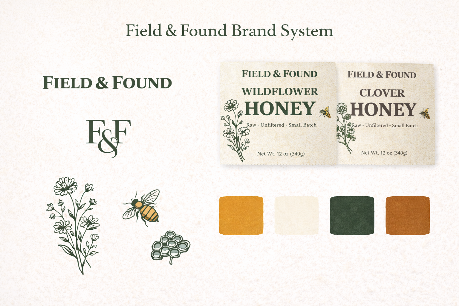 Field & Found brand system boards — typography, packaging, and layout